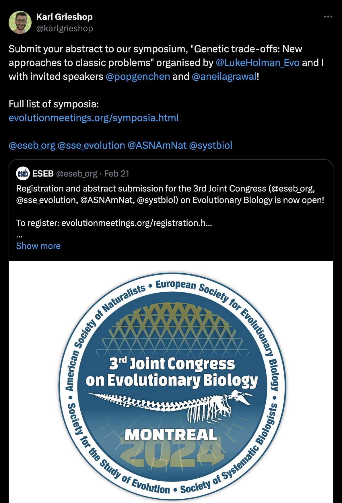 Luke Holman and I are organising a symposium at Evolution Montreal